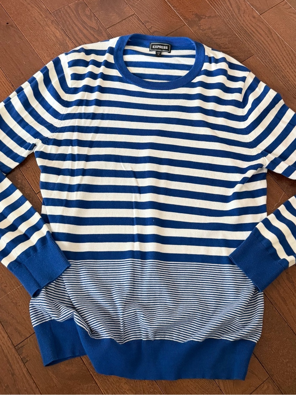 Express Women’s Blue and White Striped Crewneck Colorblock Sweater